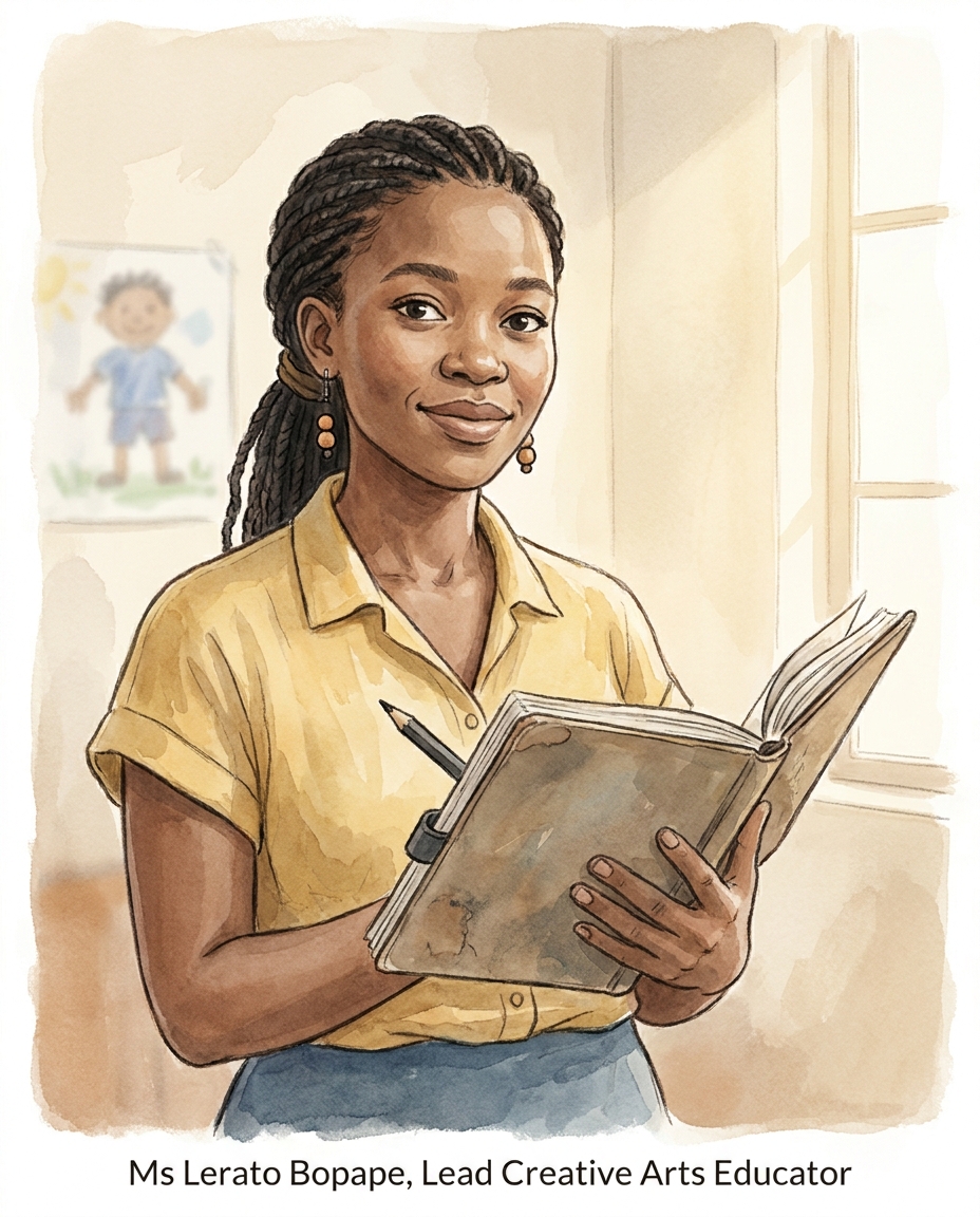 Ms Lerato Bopape, a young woman in a yellow blouse holding a sketchbook.