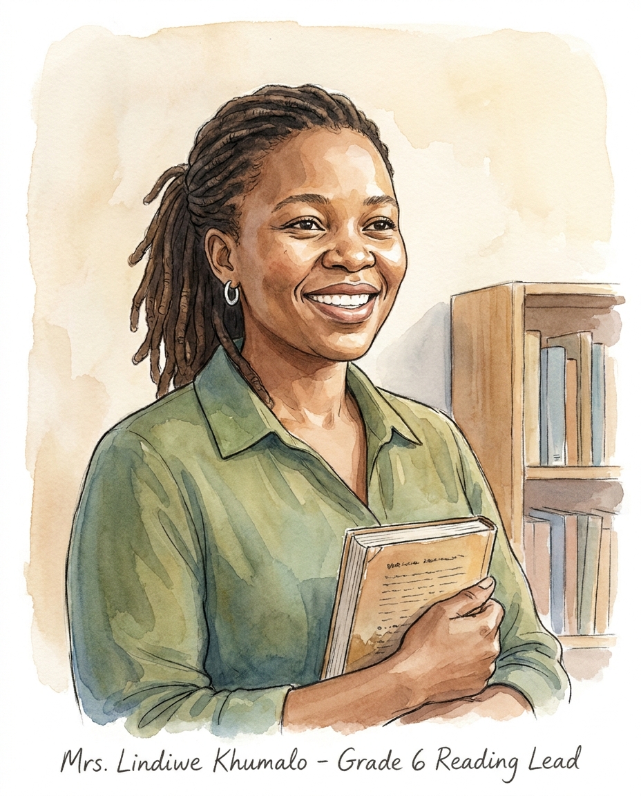 Mrs Lindiwe Khumalo, a woman in her thirties with locs and a friendly smile.