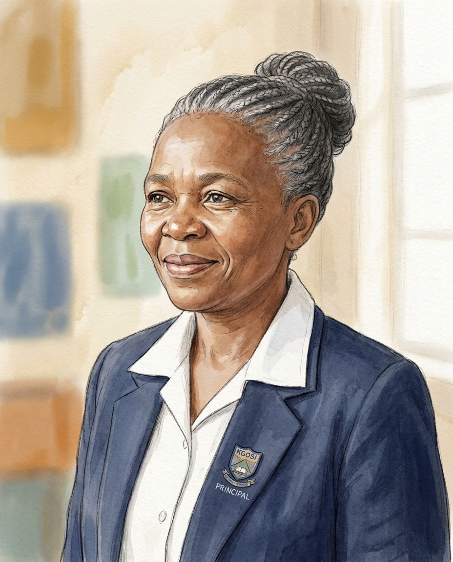 Principal LEFIFI Mmadikeledi Agnes, a woman in her fifties wearing a navy blazer.