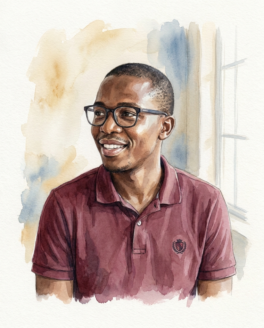 Mr Sipho Mahlangu, a man in his late twenties with glasses, in a maroon school polo.