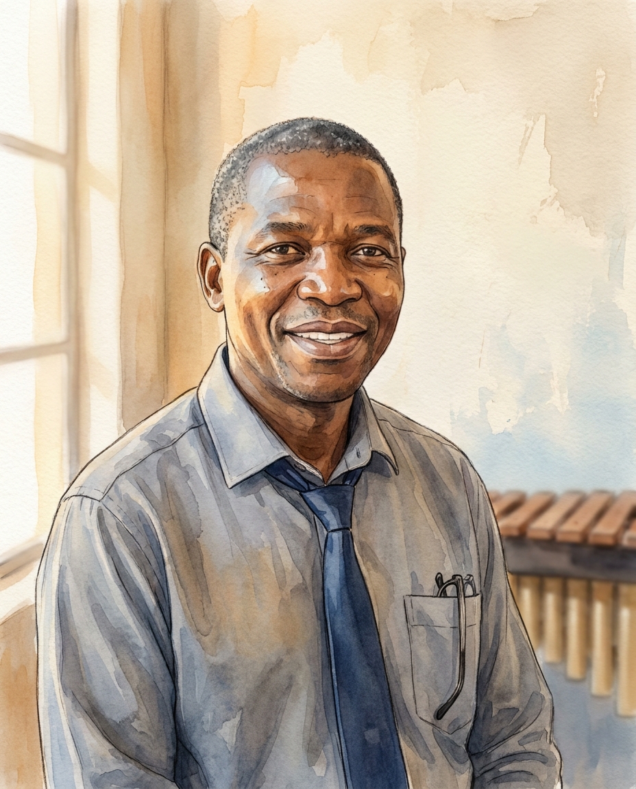 Mr Thabang Mokoena, a man in his fifties in a grey shirt with a small tie.