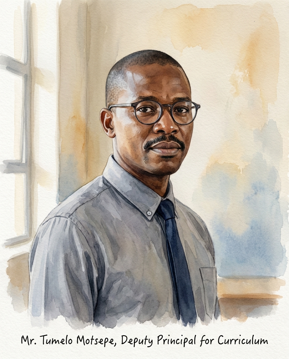 Deputy Principal Mr Tumelo Motsepe, a man in his forties in a grey shirt and tie.