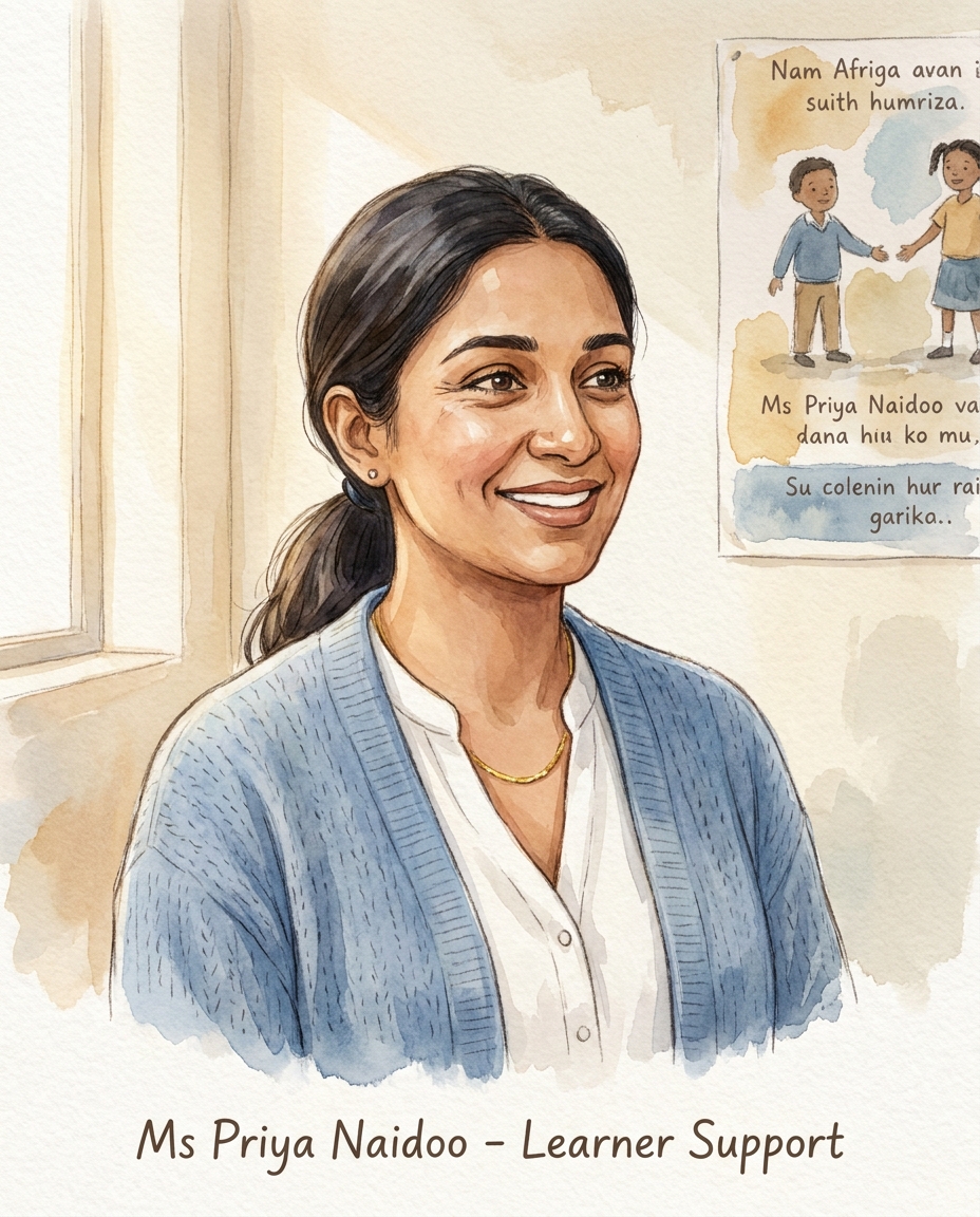 Ms Priya Naidoo, a learner-support educator of South African Indian heritage in a blue cardigan.