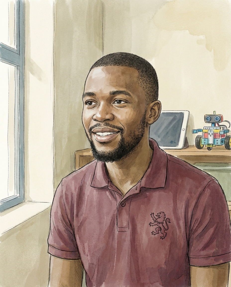 Mr Bonginkosi Nkosi, a young man with a beard wearing a school polo.