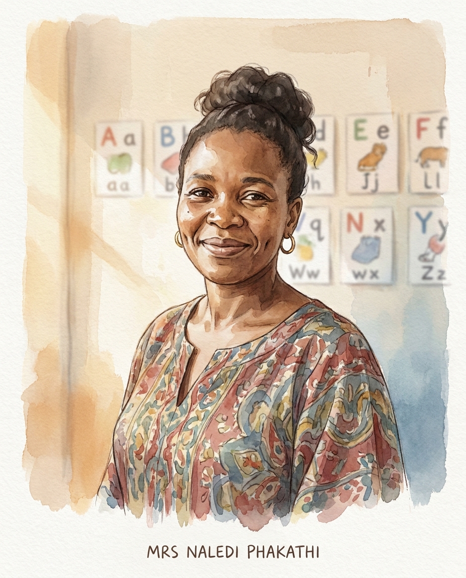 Mrs Naledi Phakathi, a woman in her forties in a printed dress, smiling.
