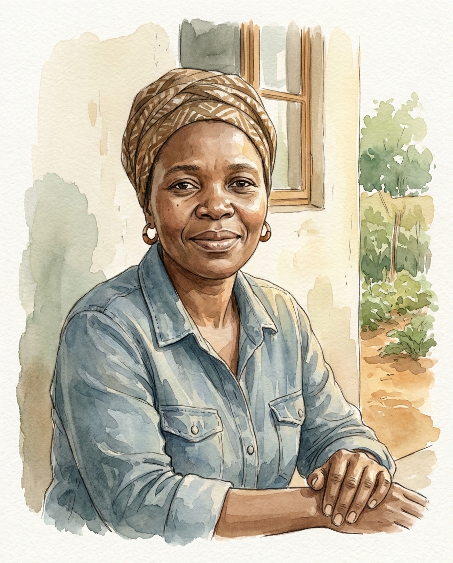 Mrs Palesa Ramatsui, a woman in her forties wearing a doek and a denim shirt.