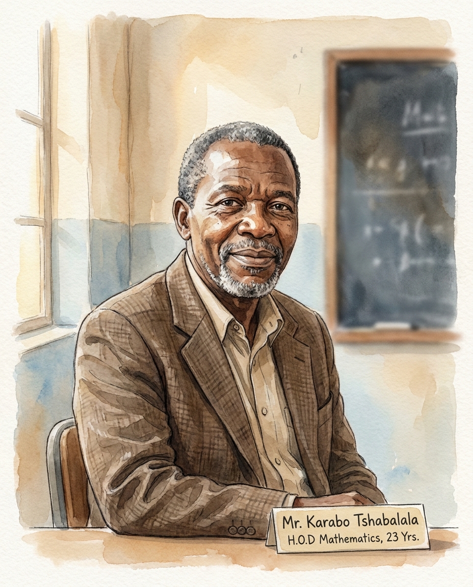 Mr Karabo Tshabalala, an older man in a tweed jacket with a kind expression.