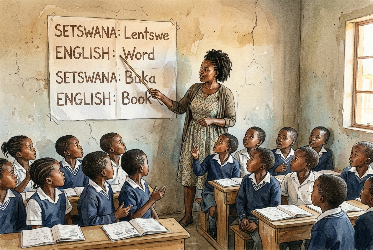 A teacher pointing to printed words on a chart while learners read aloud in unison.