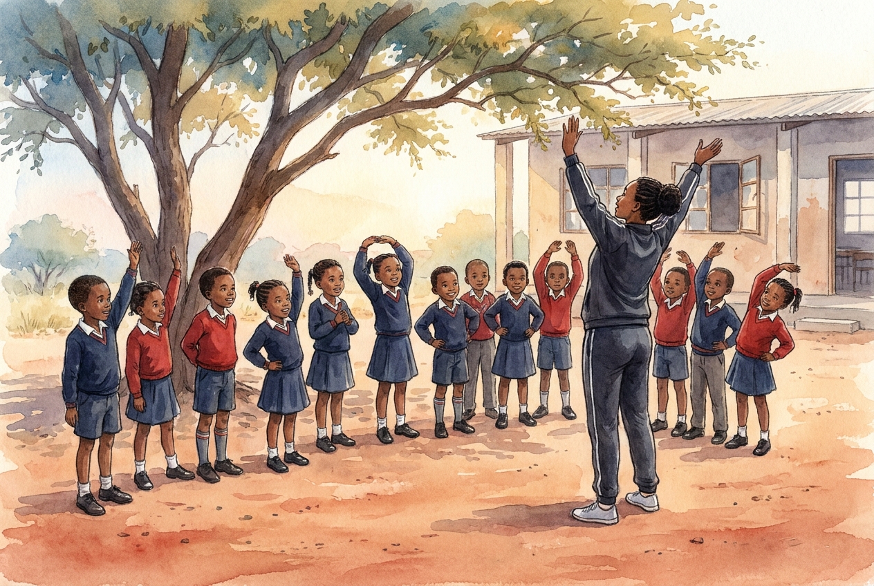 Children doing simple stretches outdoors during a Life Skills physical education period.