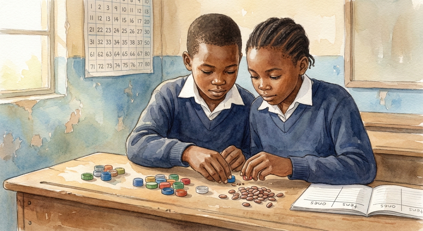 Two Grade 4 learners using bottle caps and beans to do place-value counting on a wooden desk.