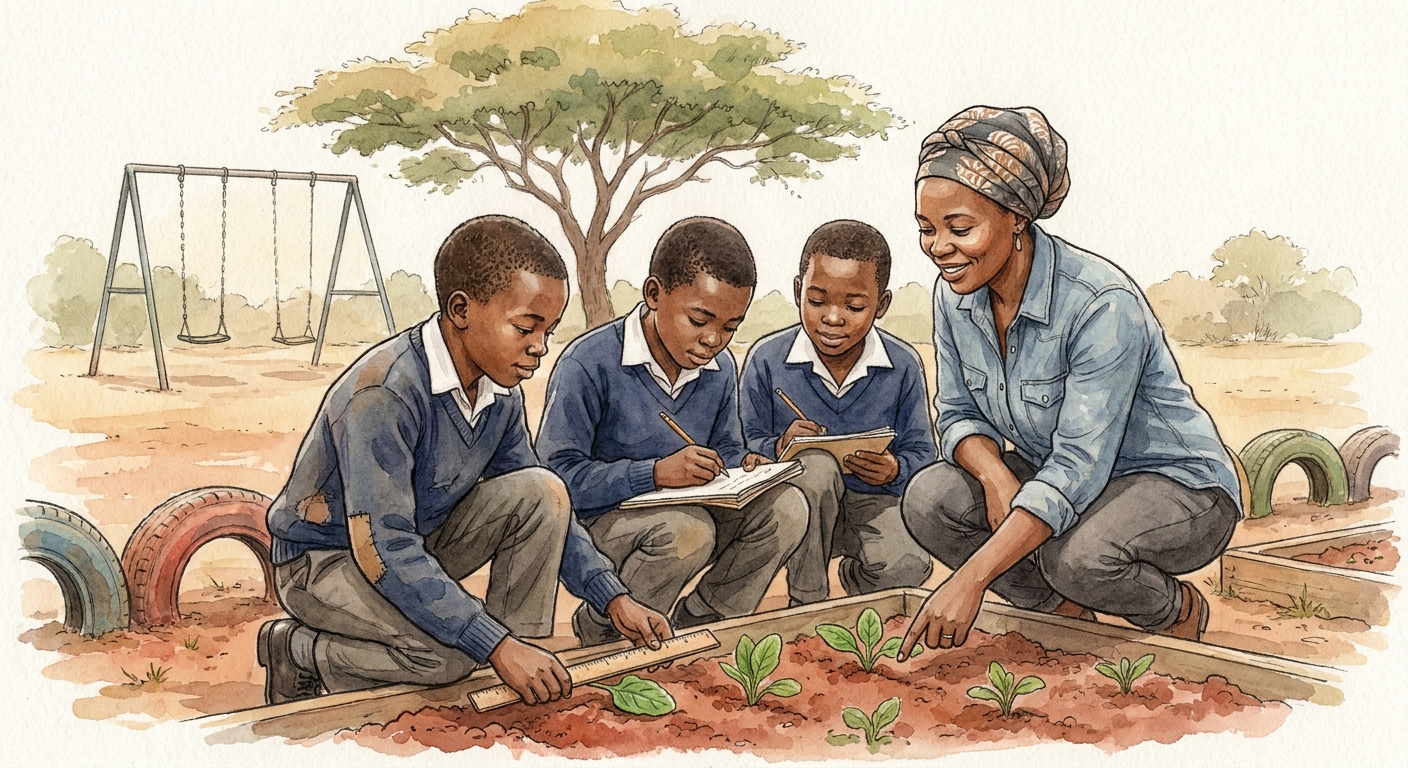 Grade 5 learners examining seedlings in a small school garden bed at the edge of the playground.