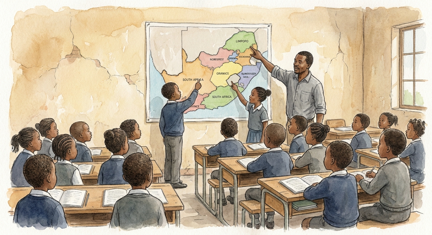 A Grade 6 class with a hand-drawn map of South Africa pinned to the wall, learners pointing at provinces.