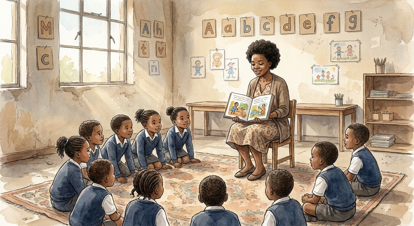 A teacher reads a story aloud while learners sit on a worn carpet, all leaning forward.