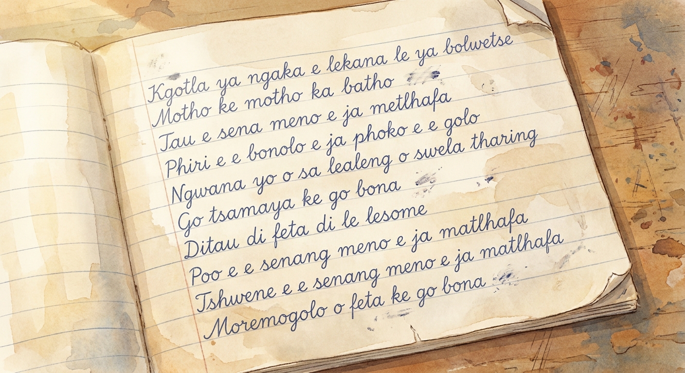 A page of careful Setswana cursive practice on lined exercise paper.