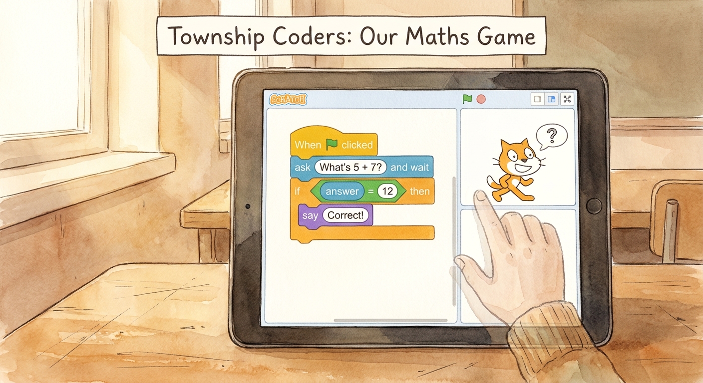A tablet screen showing a simple Scratch program with coloured blocks.