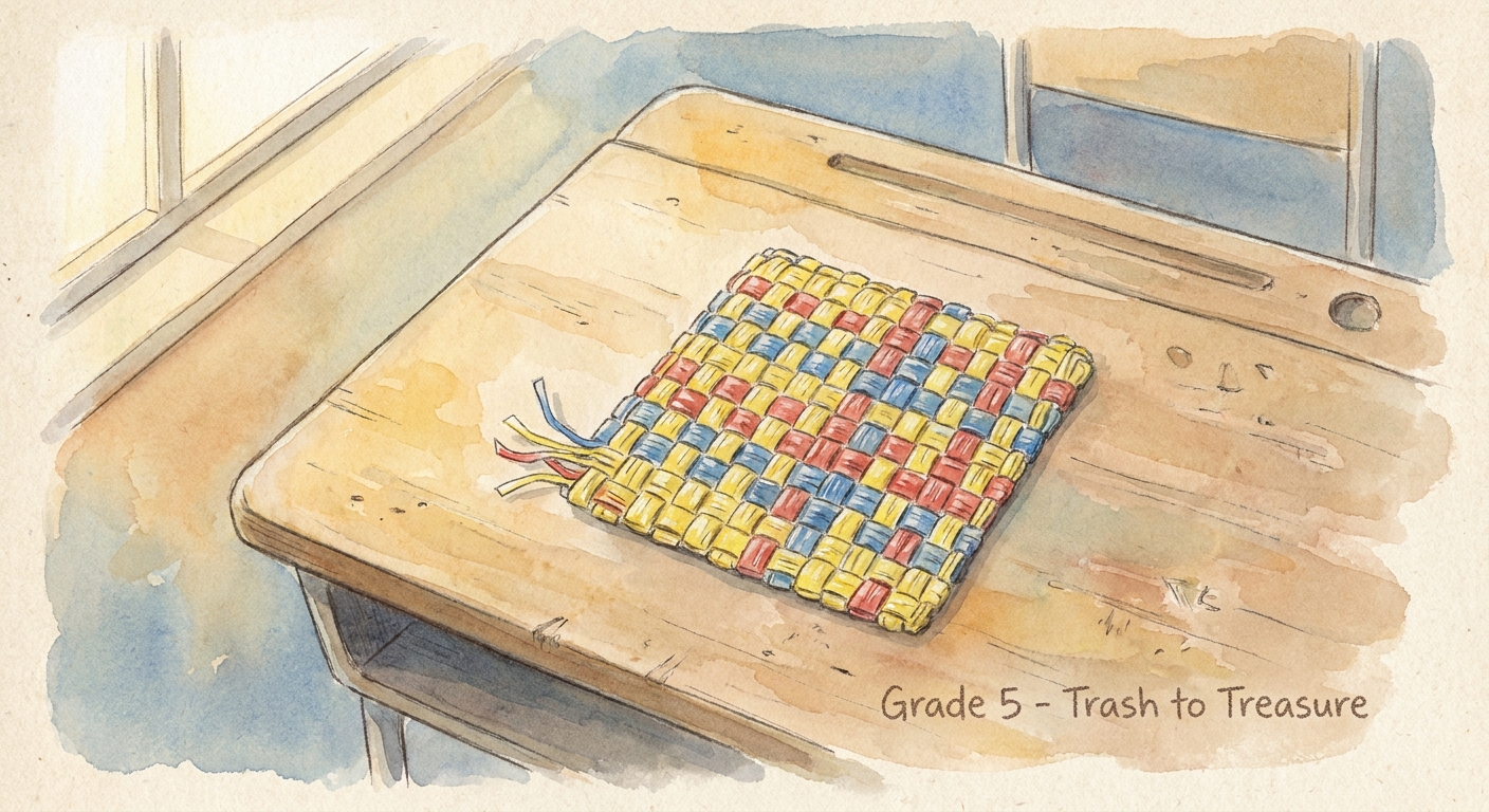A small handcrafted woven mat made from coloured plastic strips.