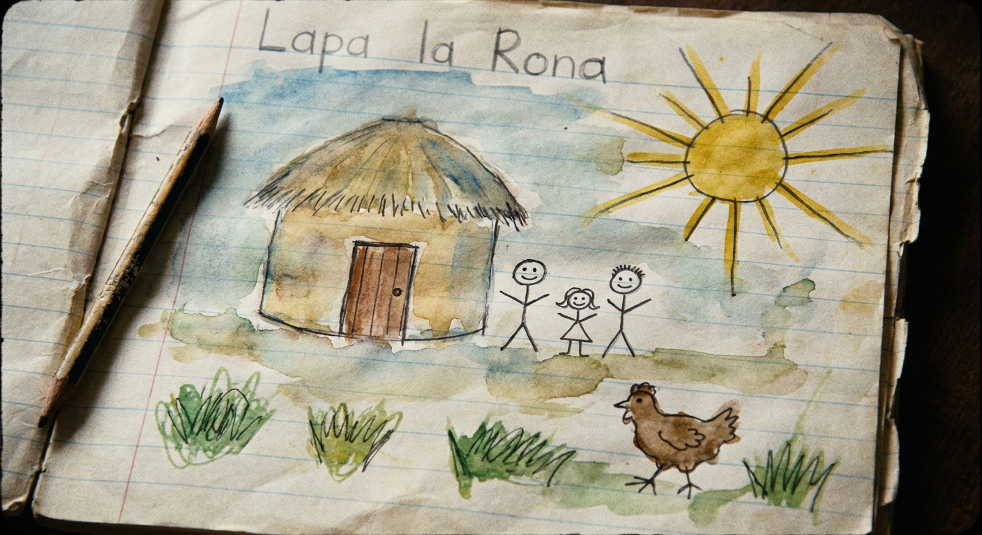 A child’s watercolour painting of a thatched house, three figures and a yellow sun.