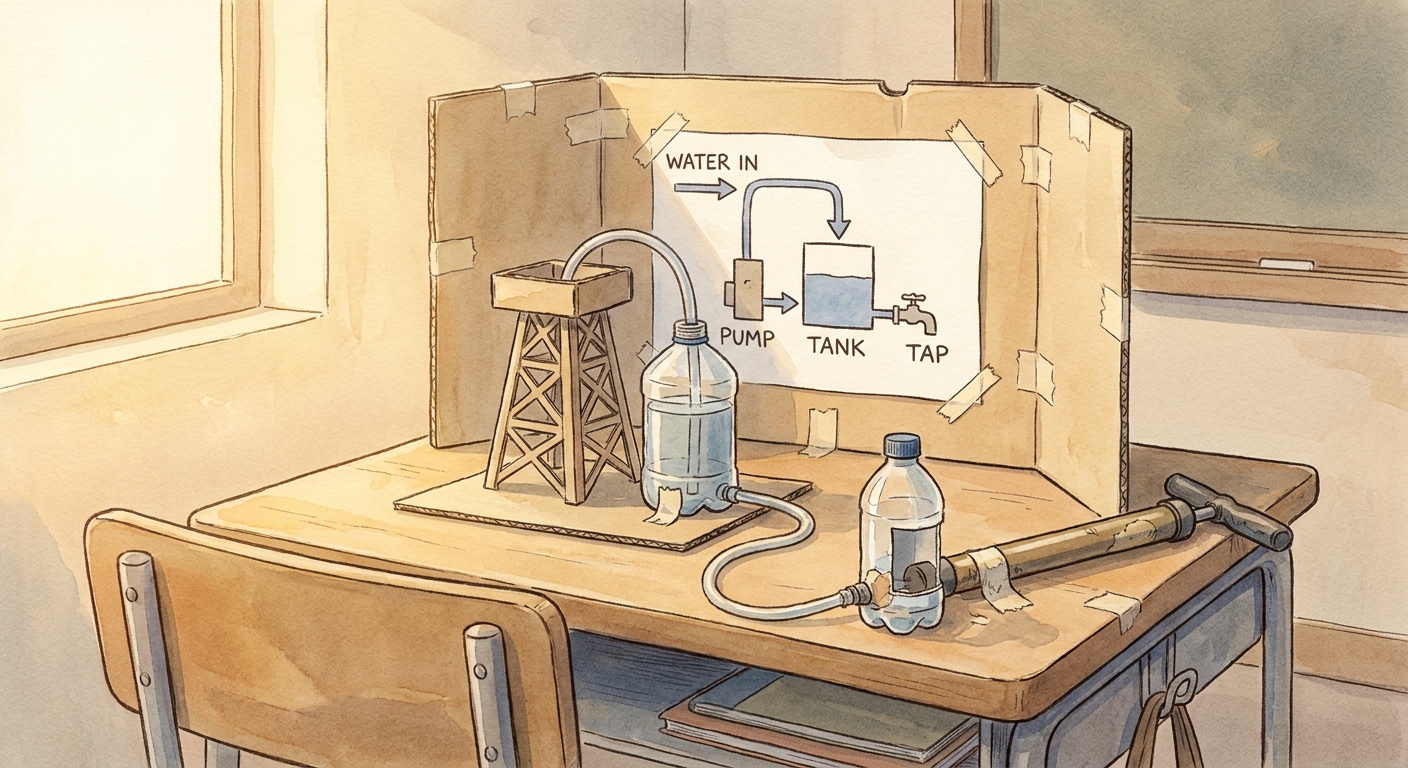 A small science fair project: a cardboard model of a borehole pump labelled with arrows.